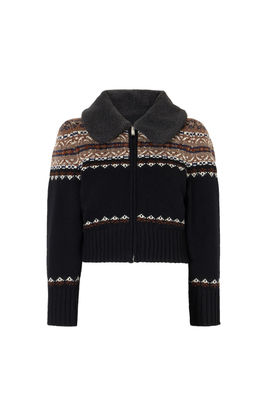 Alexander McQueen Fair Isle Wool Zip-Up Cardigan in Black — front view