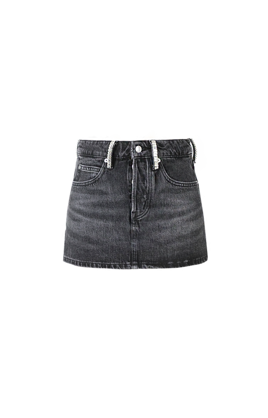 Alexander Wang Crystal Hotfix Belt Loop Denim Mini Skort in Grey — front view