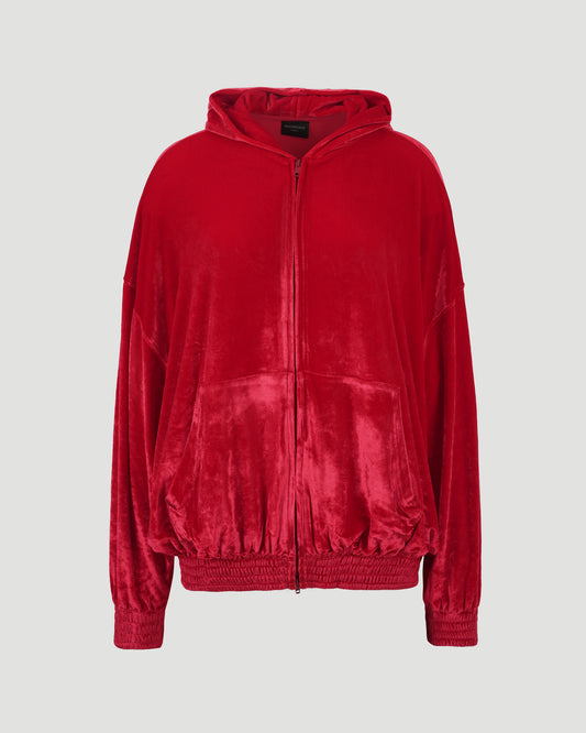 VELOUR ZIP-UP HOODIE IN RED