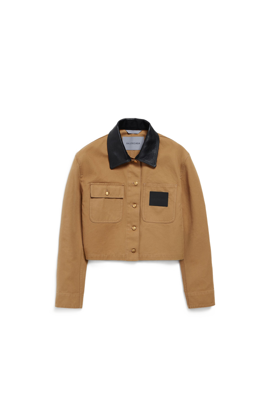 Balenciaga Cropped Workwear Jacket in Beige — front view