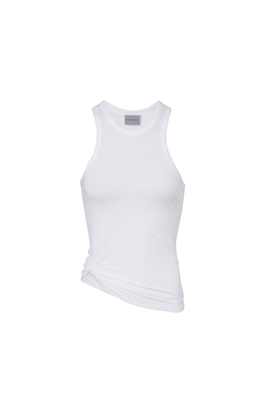 Balenciaga Logo Gathered cotton Jersey Tank Top in White — front view