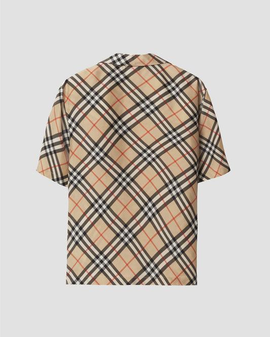 Oversized Check Silk Shirt in Sand