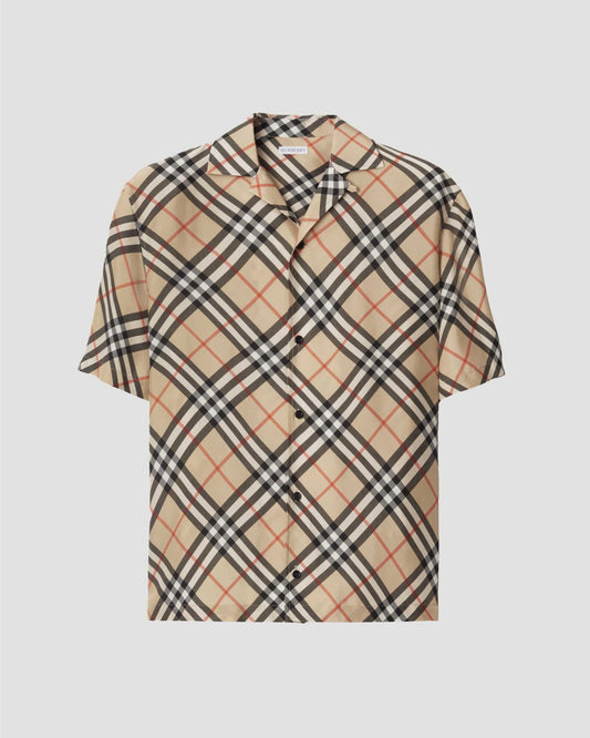 Oversized Check Silk Shirt in Sand