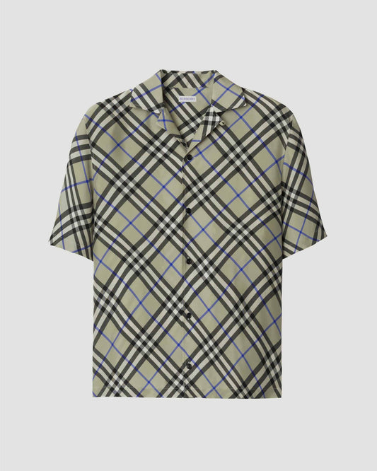 Oversized Check Silk Shirt in Lichen