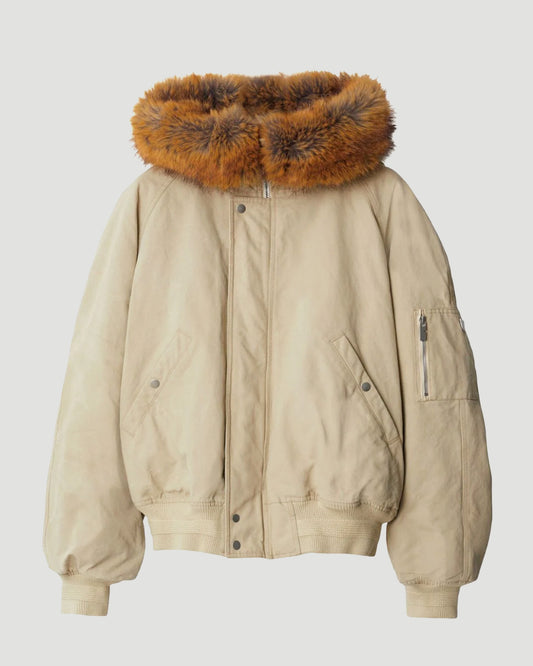 Faux Fur Trim Cotton Bomber Jacket