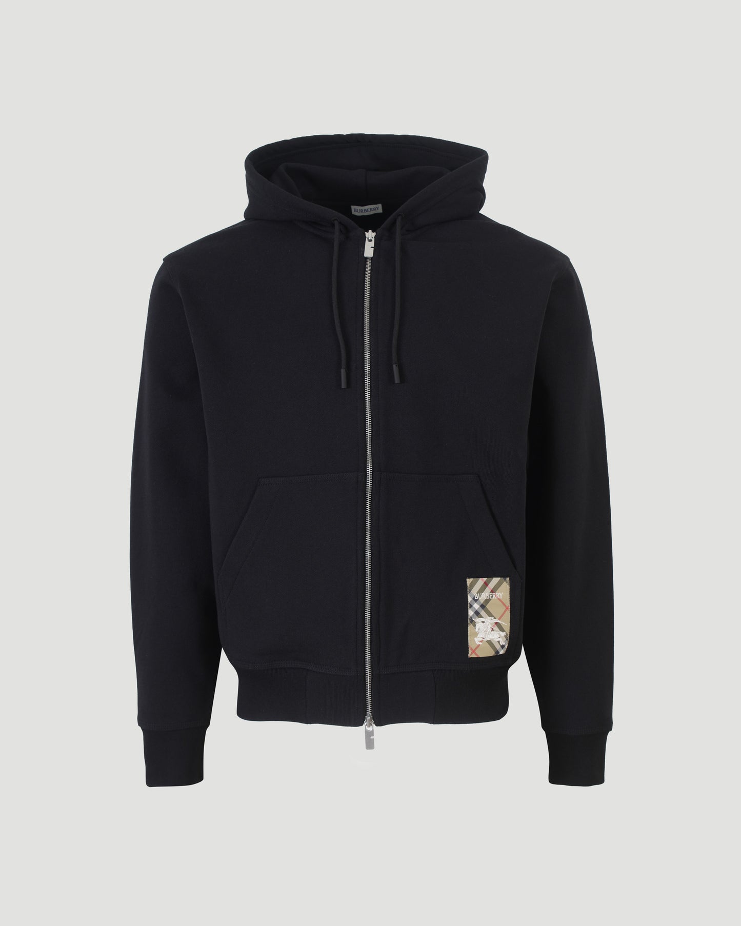 Check-Label Zip-Up Drawstring Hoodie