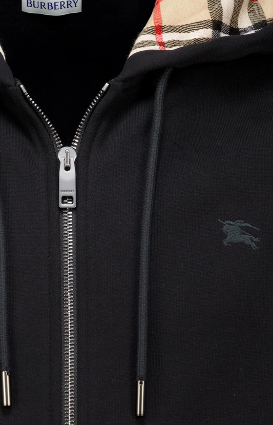Check Hood Cotton Zip Hoodie in Black