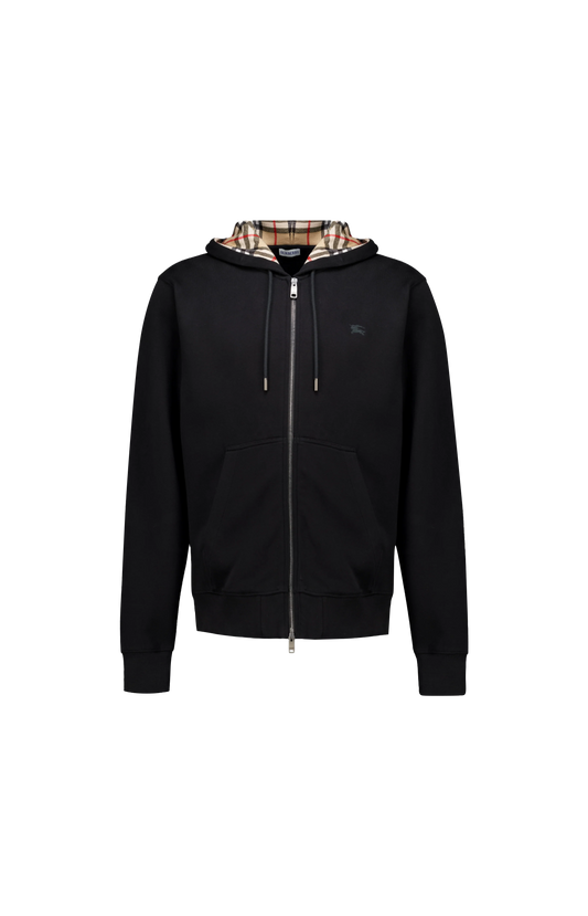 Check Hood Cotton Zip Hoodie in Black