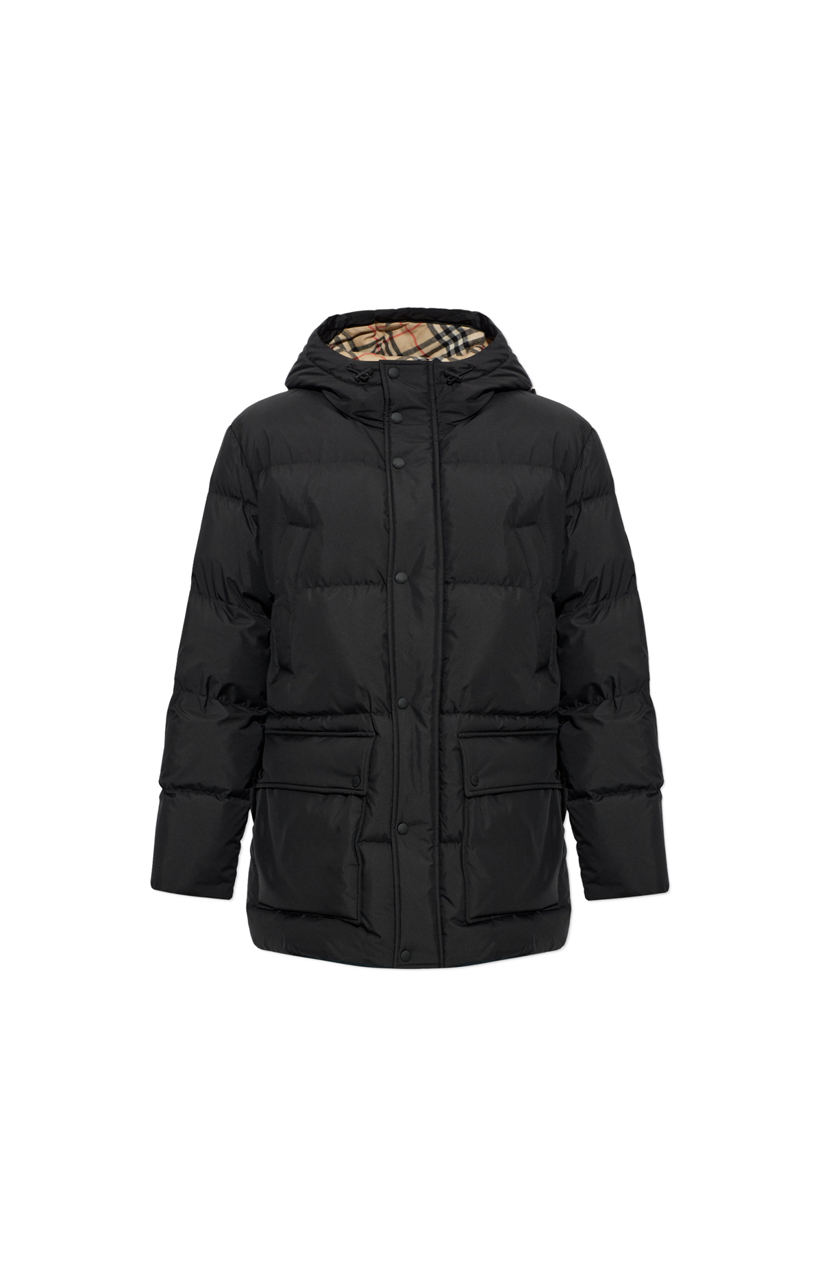 Burberry Reversible Check Hooded Puffer Jacket in Black — front view