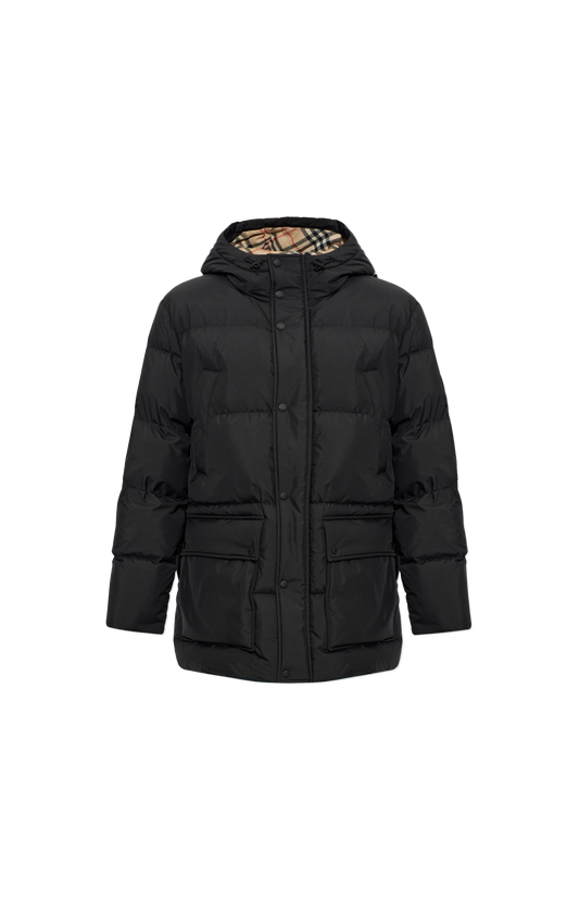 Reversible Check Hooded Puffer Jacket in Black