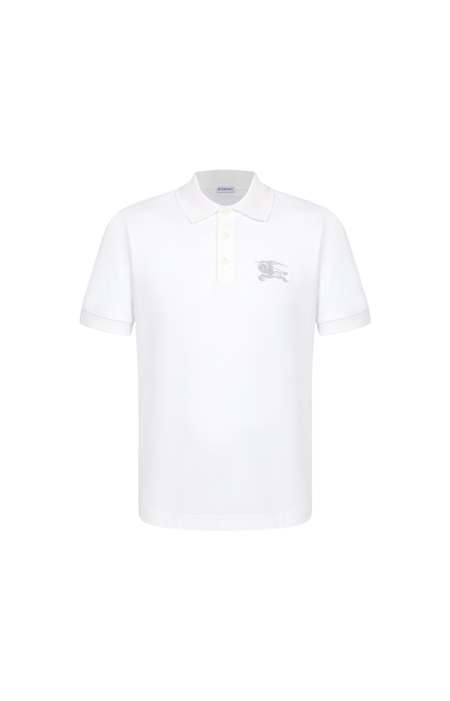 White polo shirt with a small logo on a white background