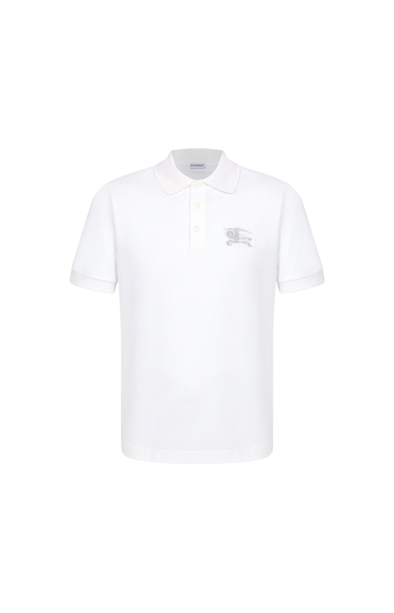 White polo shirt with a small logo on a white background