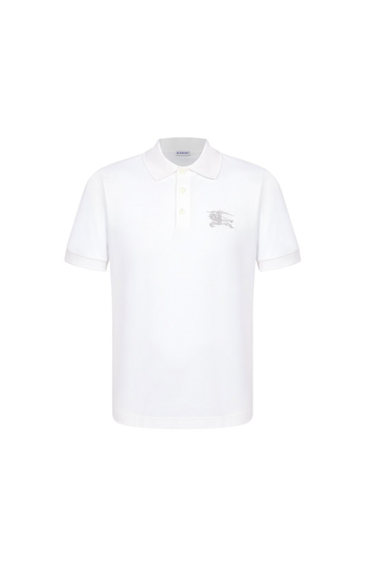White polo shirt with a small logo on a white background
