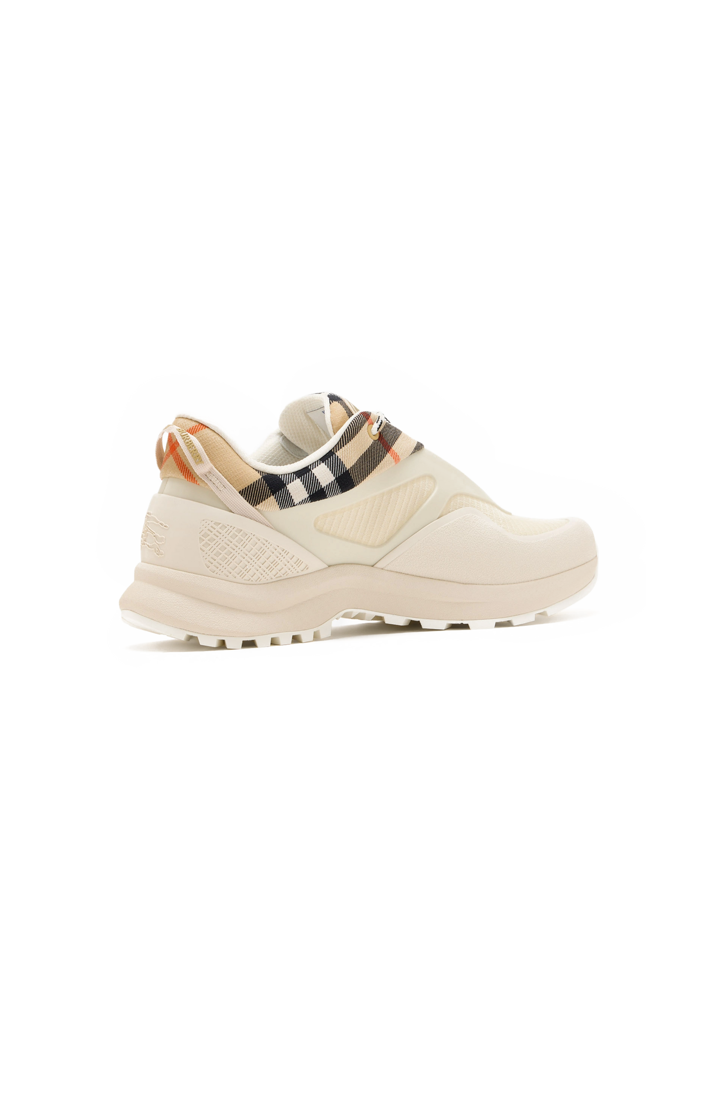 Beige sneaker with checkered strap on a white background