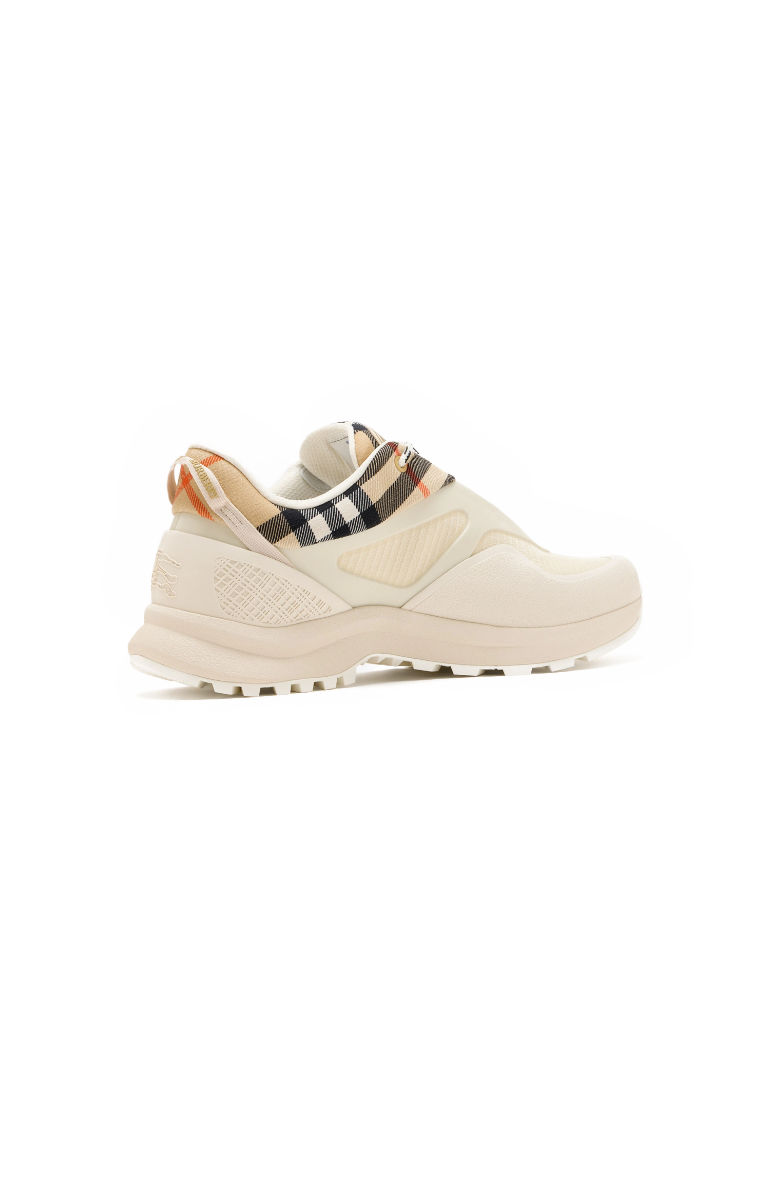 Beige sneaker with checkered strap on a white background