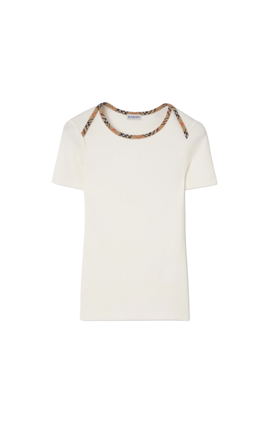 Burberry Check Trim Cotton T-shirt in Chalk White — front view