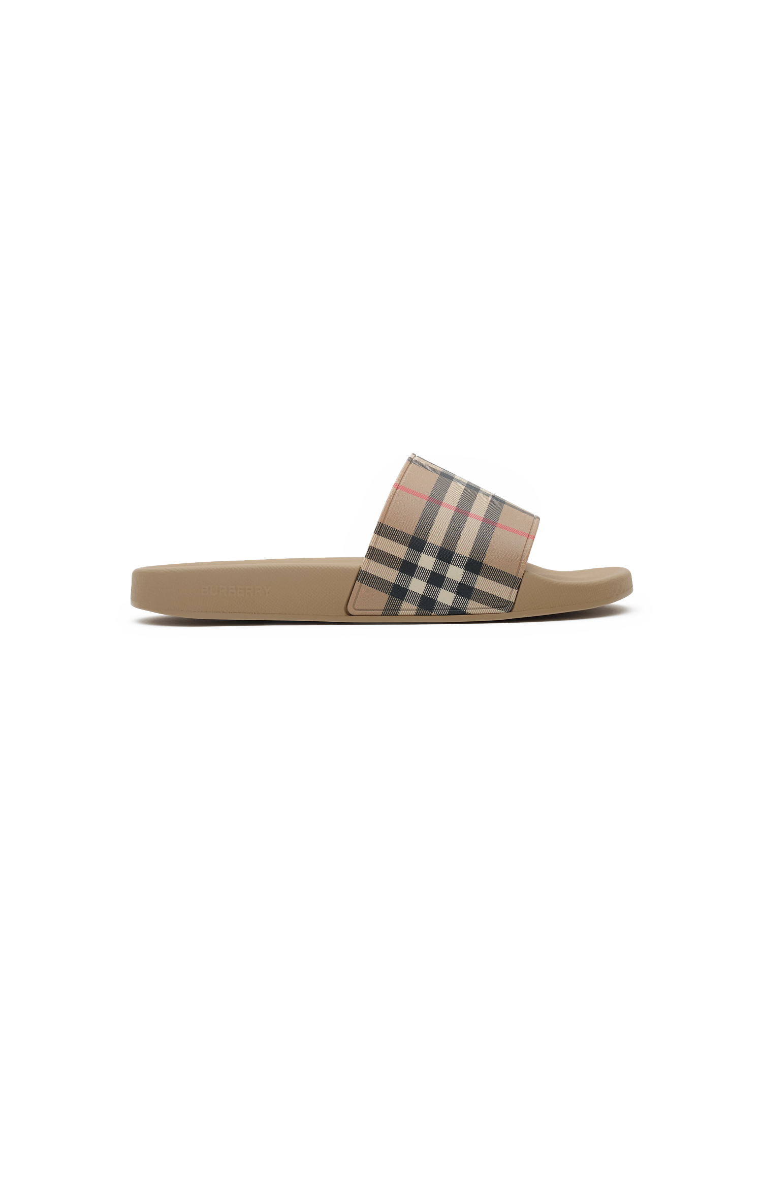 Tan slide sandal with check pattern on a white background