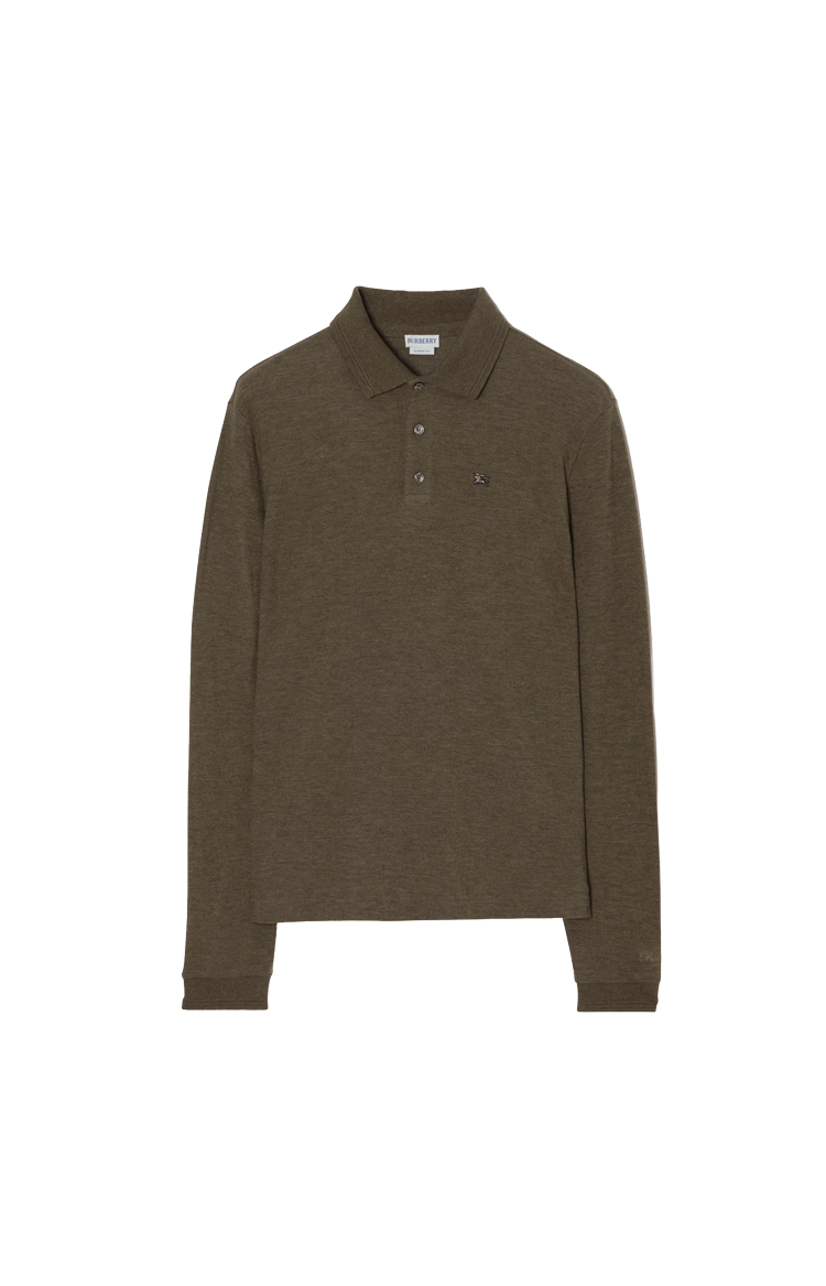 Long-Sleeve Wool Cotton Polo Shirt in Military Green
