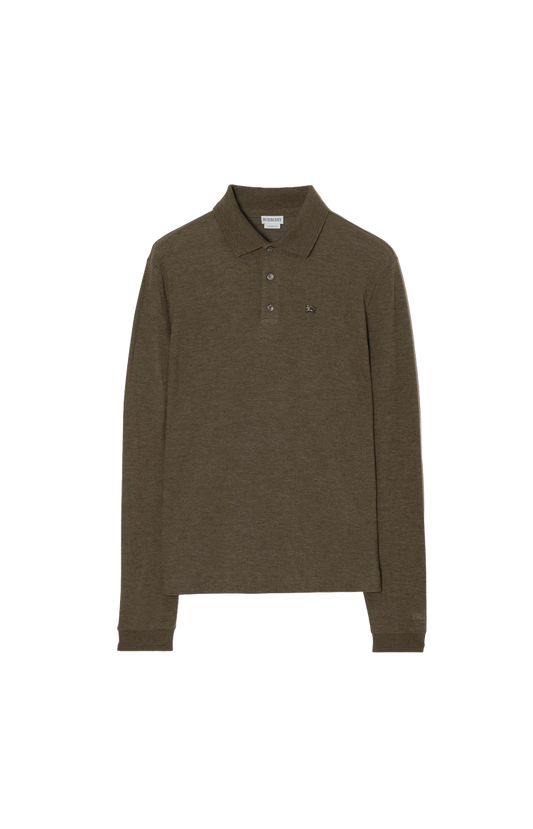Long-Sleeve Wool Cotton Polo Shirt in Military Green