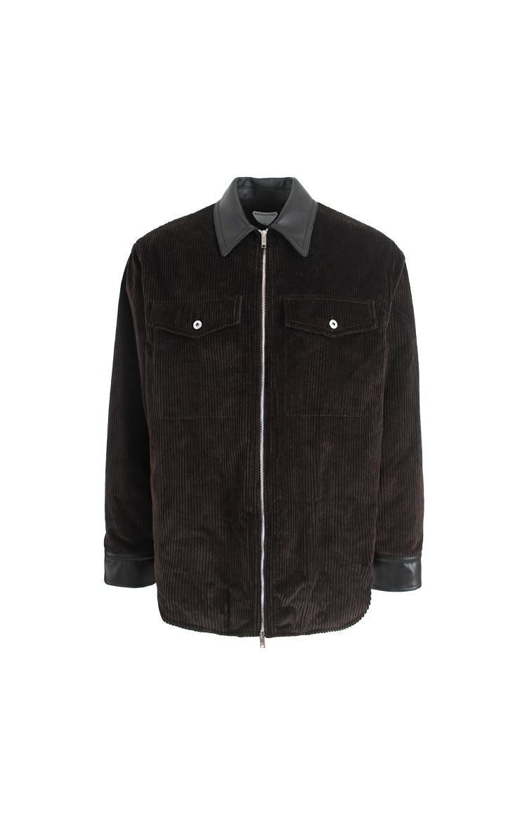 Cotton Corduroy Leather-Trim Shirt Jacket in Brown
