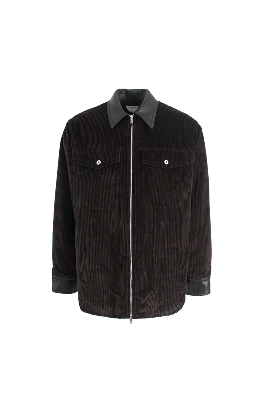 Cotton Corduroy Leather-Trim Shirt Jacket in Brown