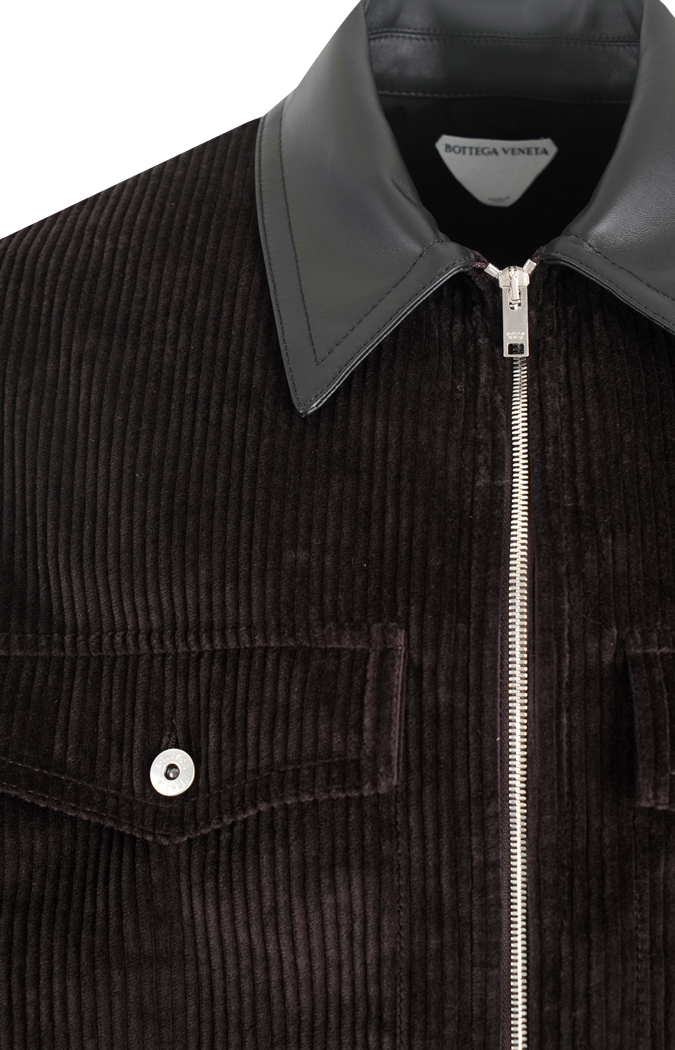 Cotton Corduroy Leather-Trim Shirt Jacket in Brown