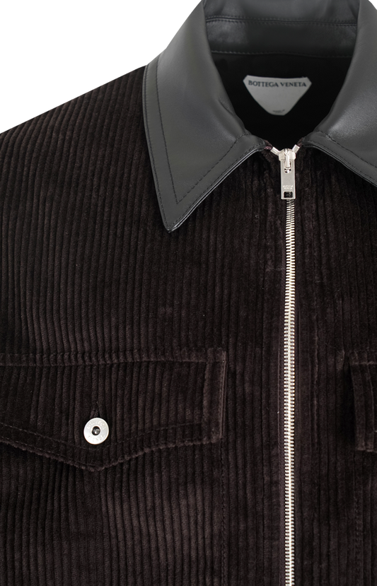Cotton Corduroy Leather-Trim Shirt Jacket in Brown