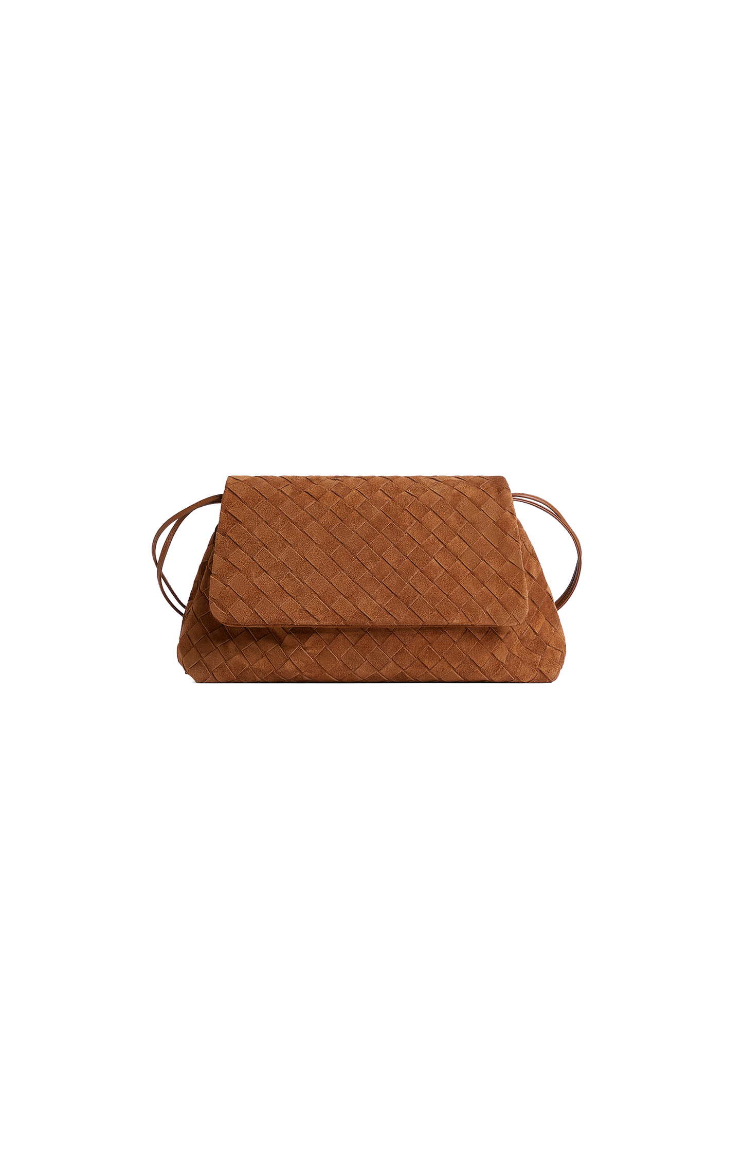Brown woven handbag on a white background