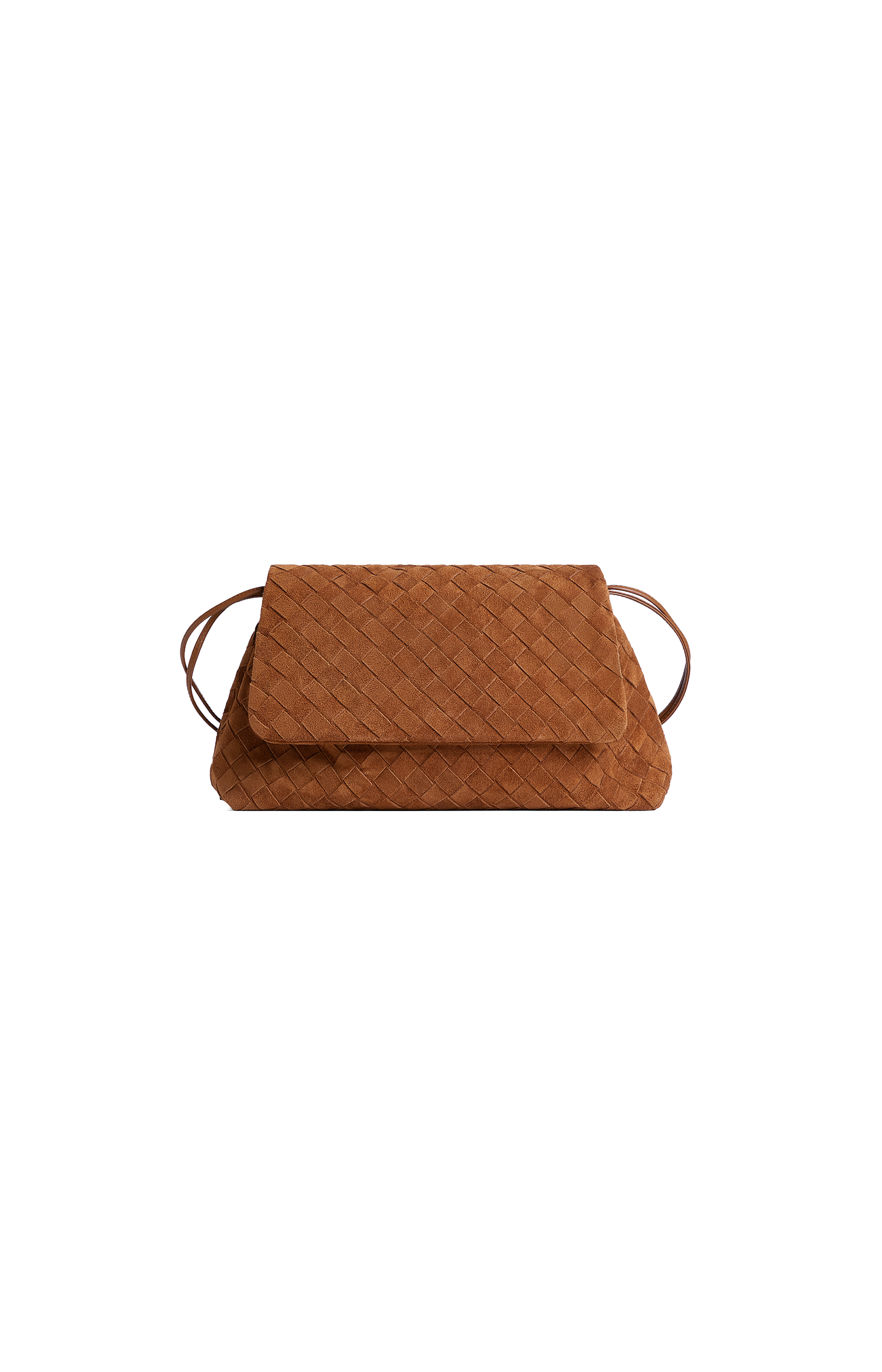 Brown woven handbag on a white background