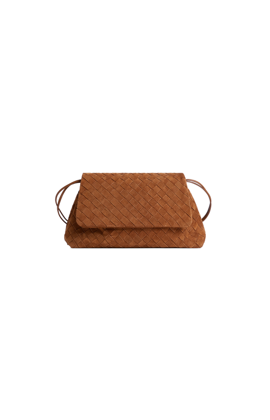 Brown woven handbag on a white background