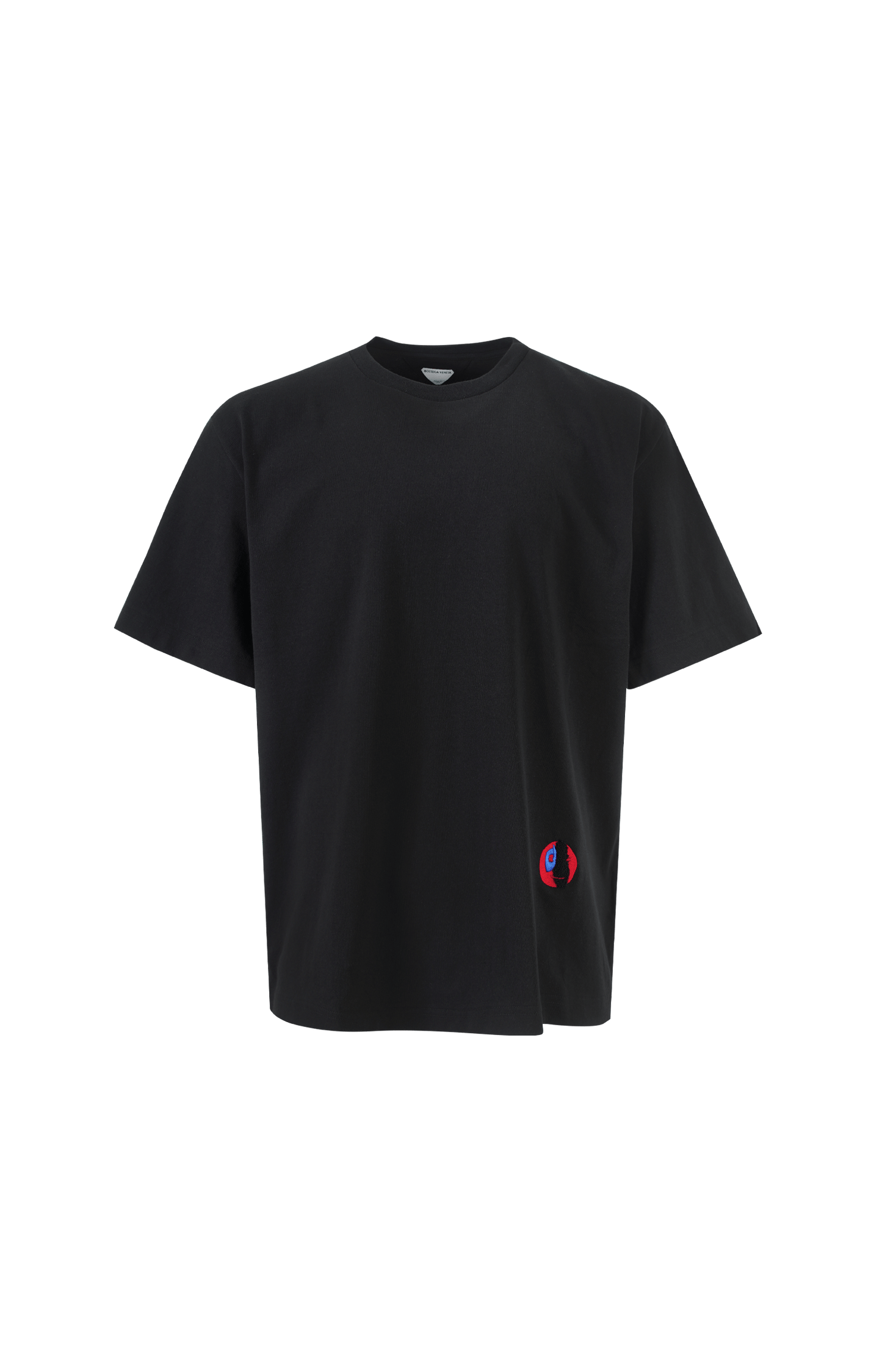 Black t-shirt with a small red and white logo on a black background