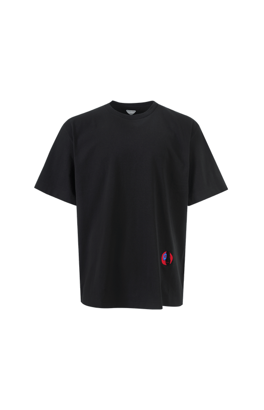 Black t-shirt with a small red and white logo on a black background