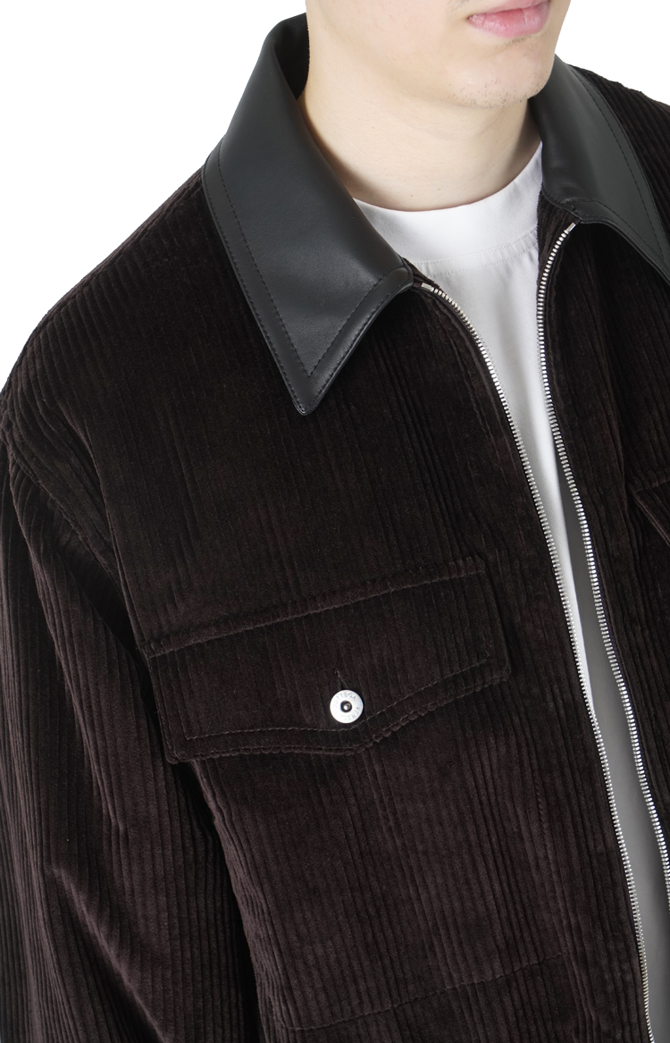 Cotton Corduroy Leather-Trim Shirt Jacket in Brown