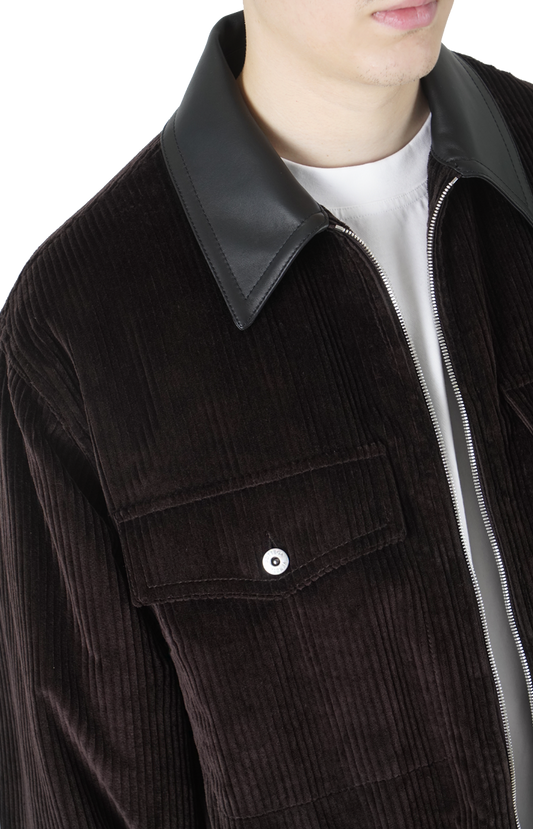 Cotton Corduroy Leather-Trim Shirt Jacket in Brown