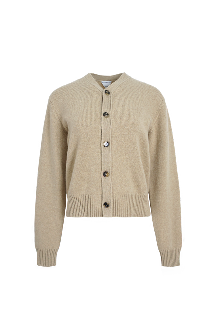 Cashmere Blend Cardigan with Intrecciato Logo Patch in Wax
