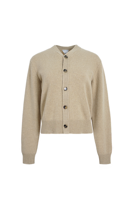 Cashmere Blend Cardigan with Intrecciato Logo Patch in Wax
