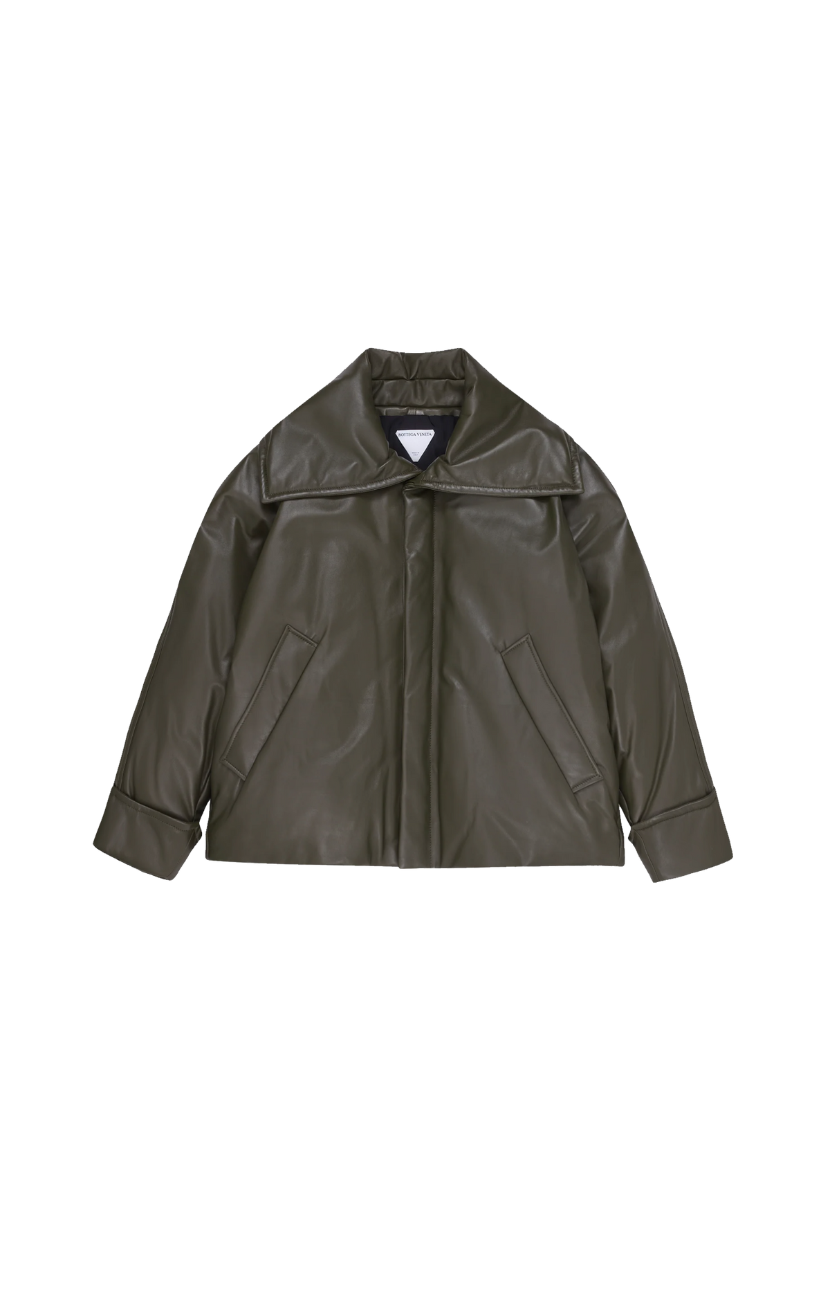 Bottega Veneta Shiny Leather Puffer Jacket in Pine Forest — front view