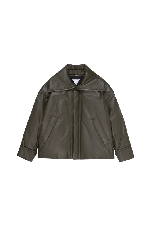 Bottega Veneta Shiny Leather Puffer Jacket in Pine Forest — front view