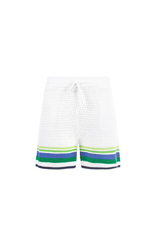 White shorts with colorful trim on a white background
