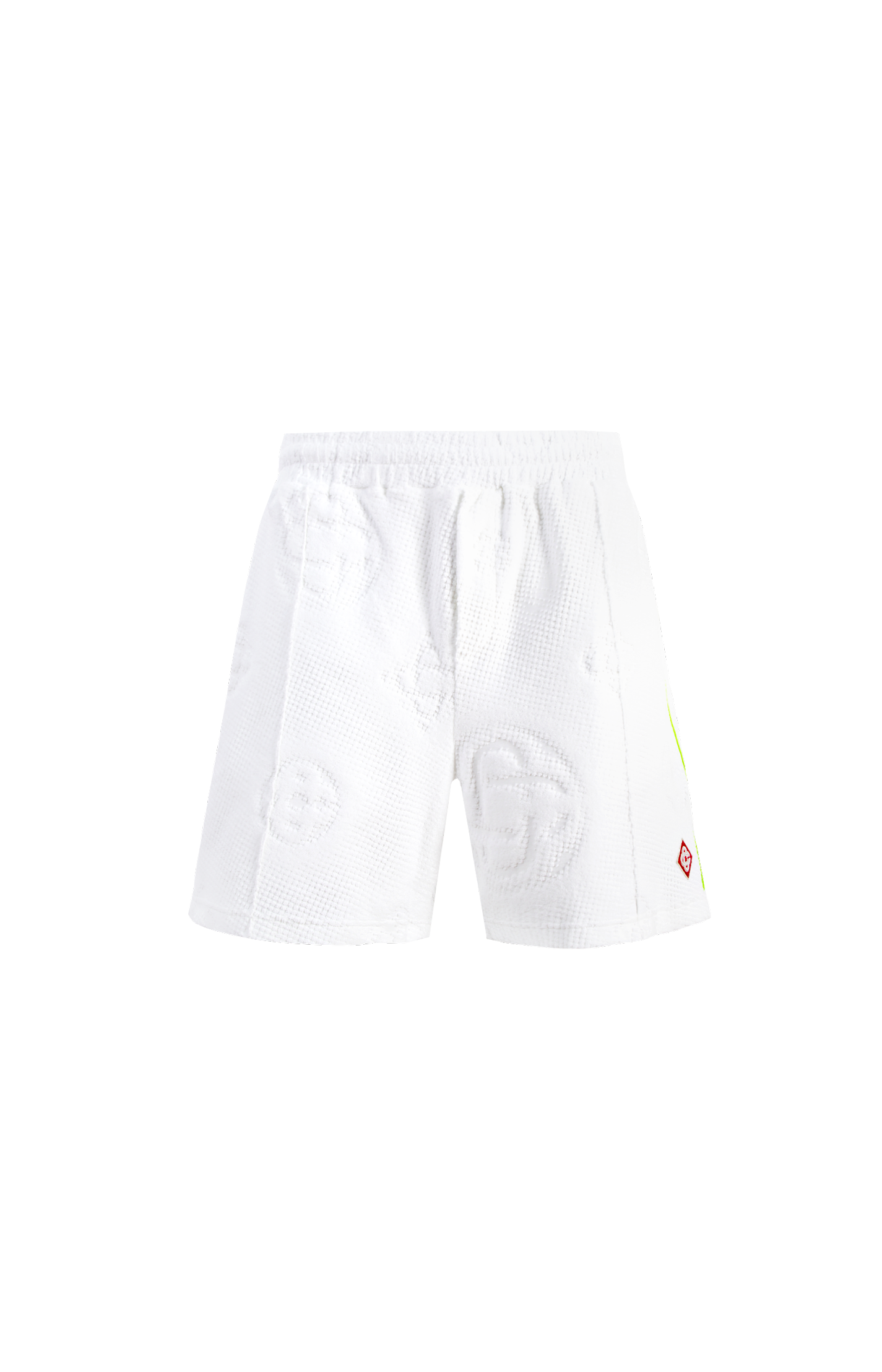 White athletic shorts with a logo on a white background