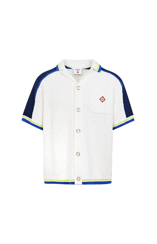 White & Blue Short Sleeve Crochet Shirt