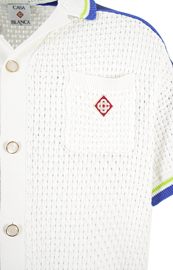 White & Blue Short Sleeve Crochet Shirt