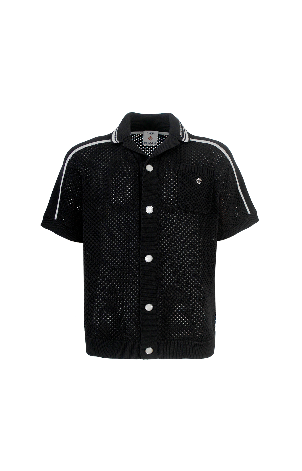 Black perforated shirt with white accents on a white background