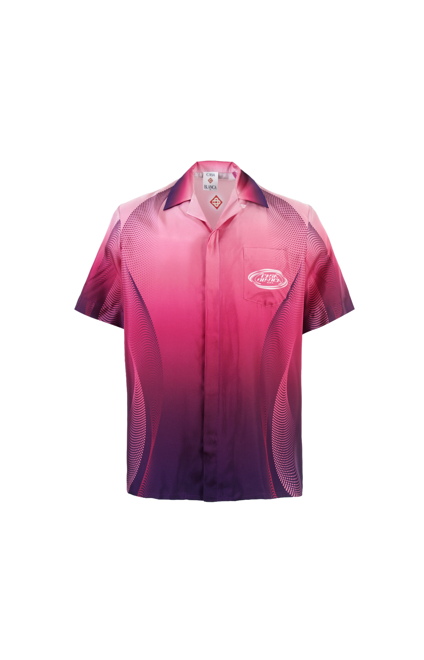 Pink and purple gradient shirt with a brand logo on a white background