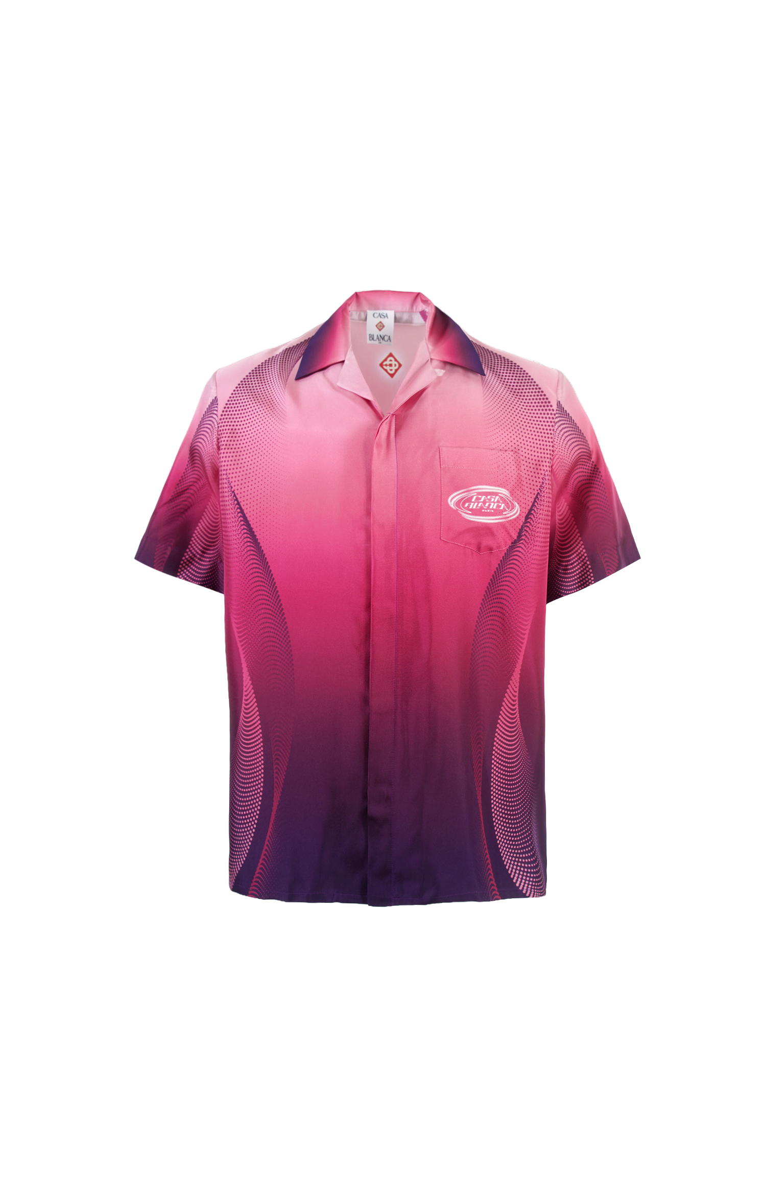 Pink and purple gradient shirt with a brand logo on a white background
