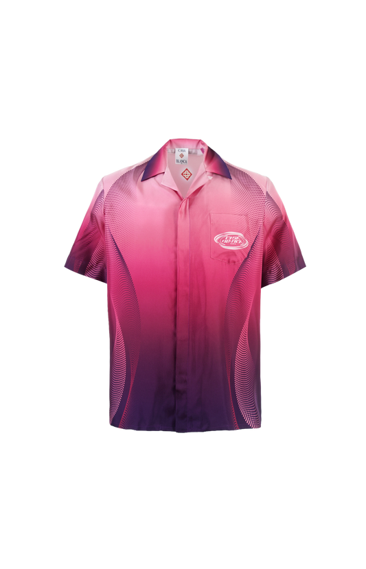 Pink and purple gradient shirt with a brand logo on a white background