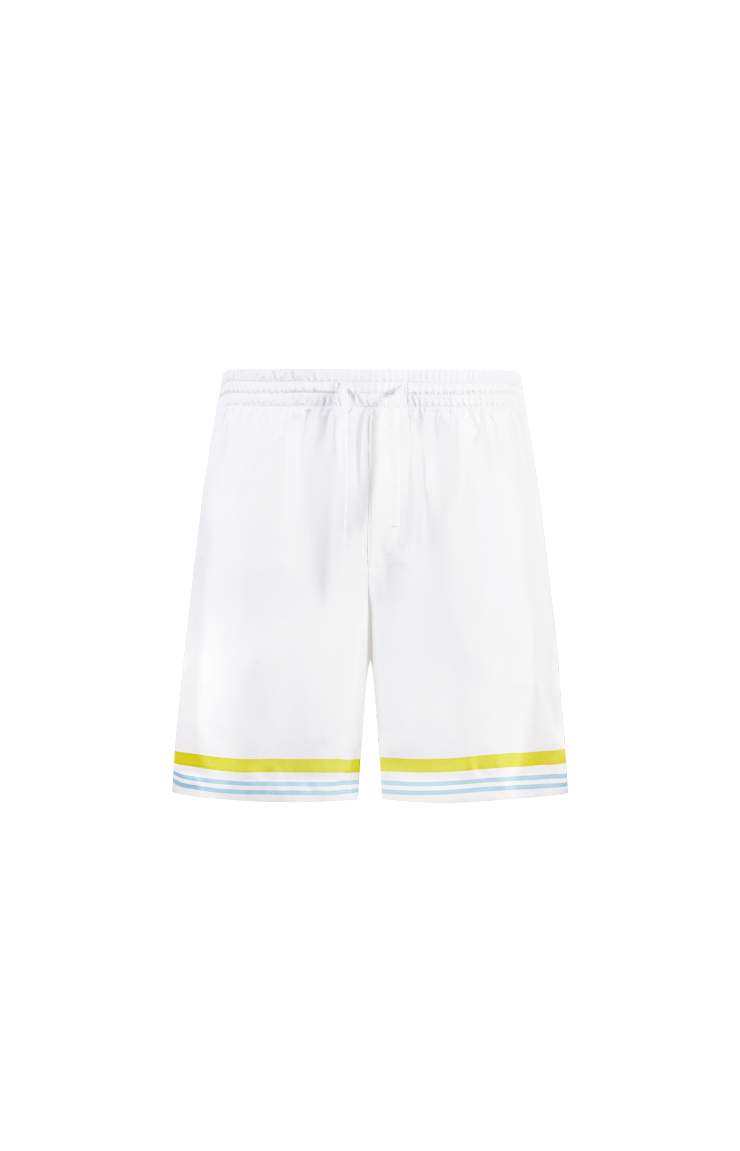 White shorts with yellow trim on a white background
