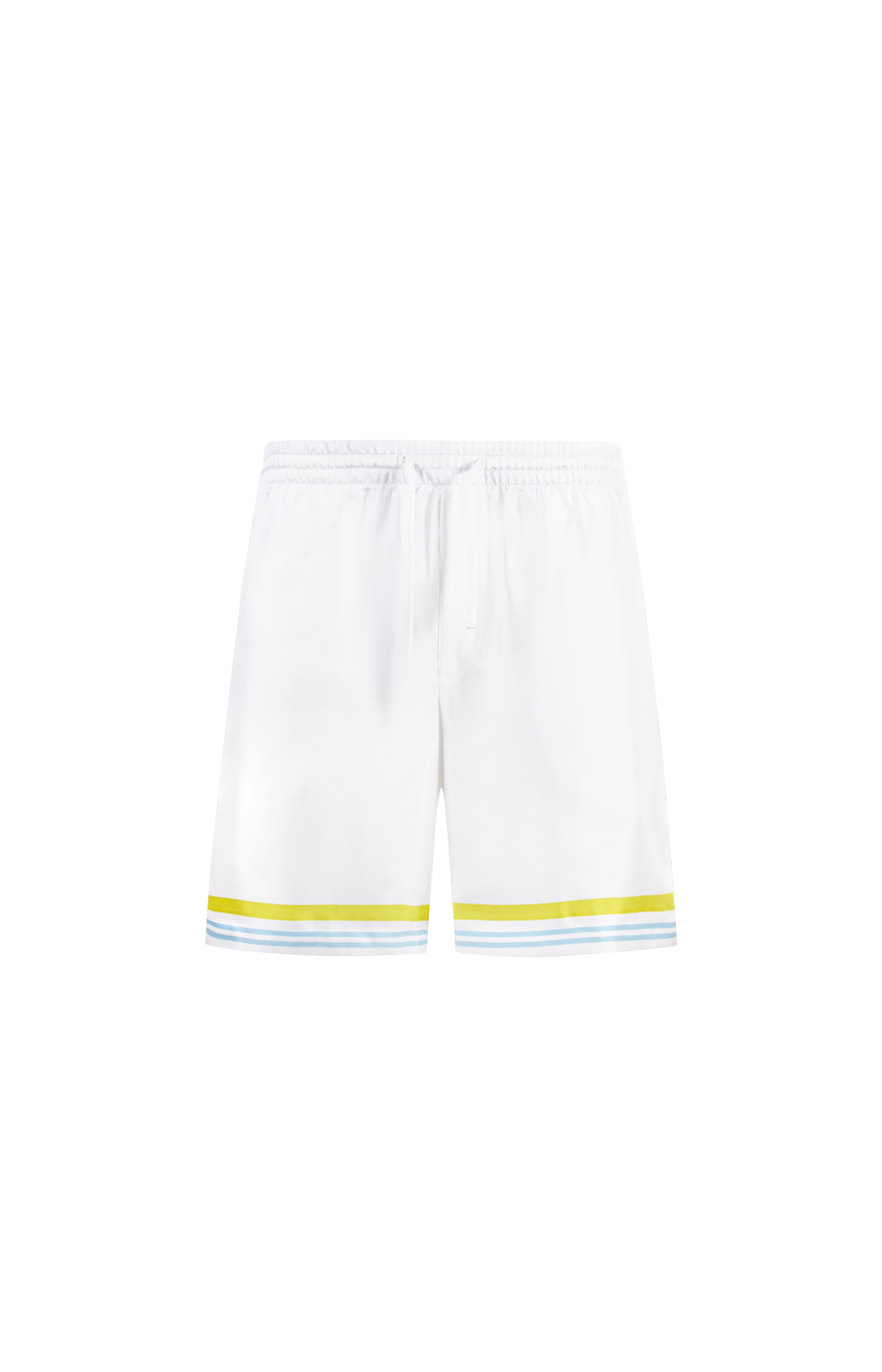 White shorts with yellow trim on a white background