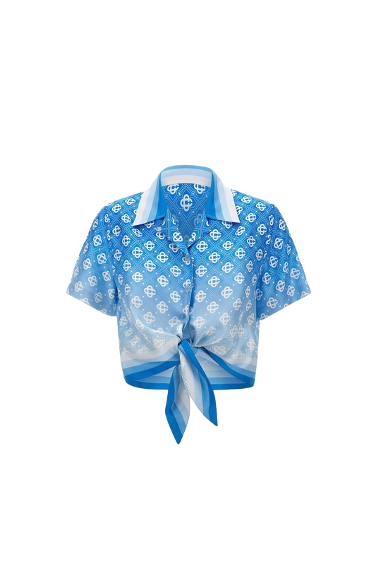 Blue Gradient Monogram Knotted Cropped Silk Shirt
