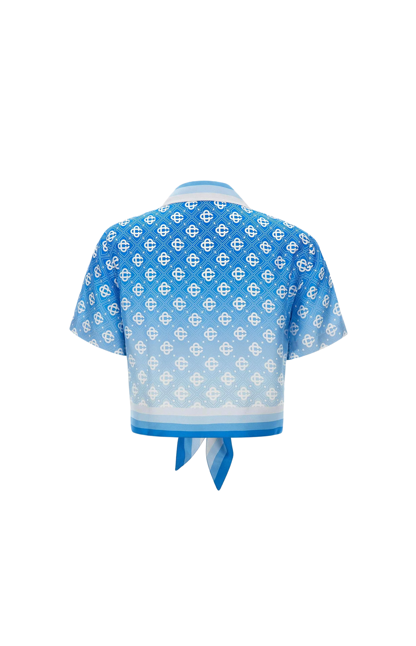 Blue Gradient Monogram Knotted Cropped Silk Shirt